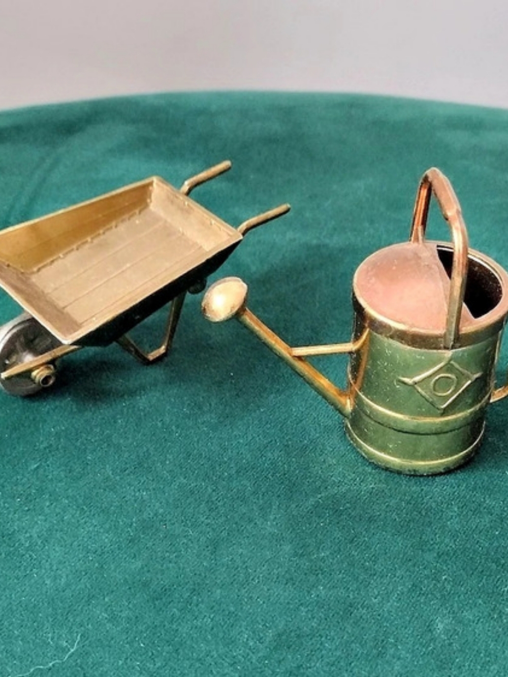 Vintage Miniature Brass Metal Garden Decor Set watering can and wheelbarrow
